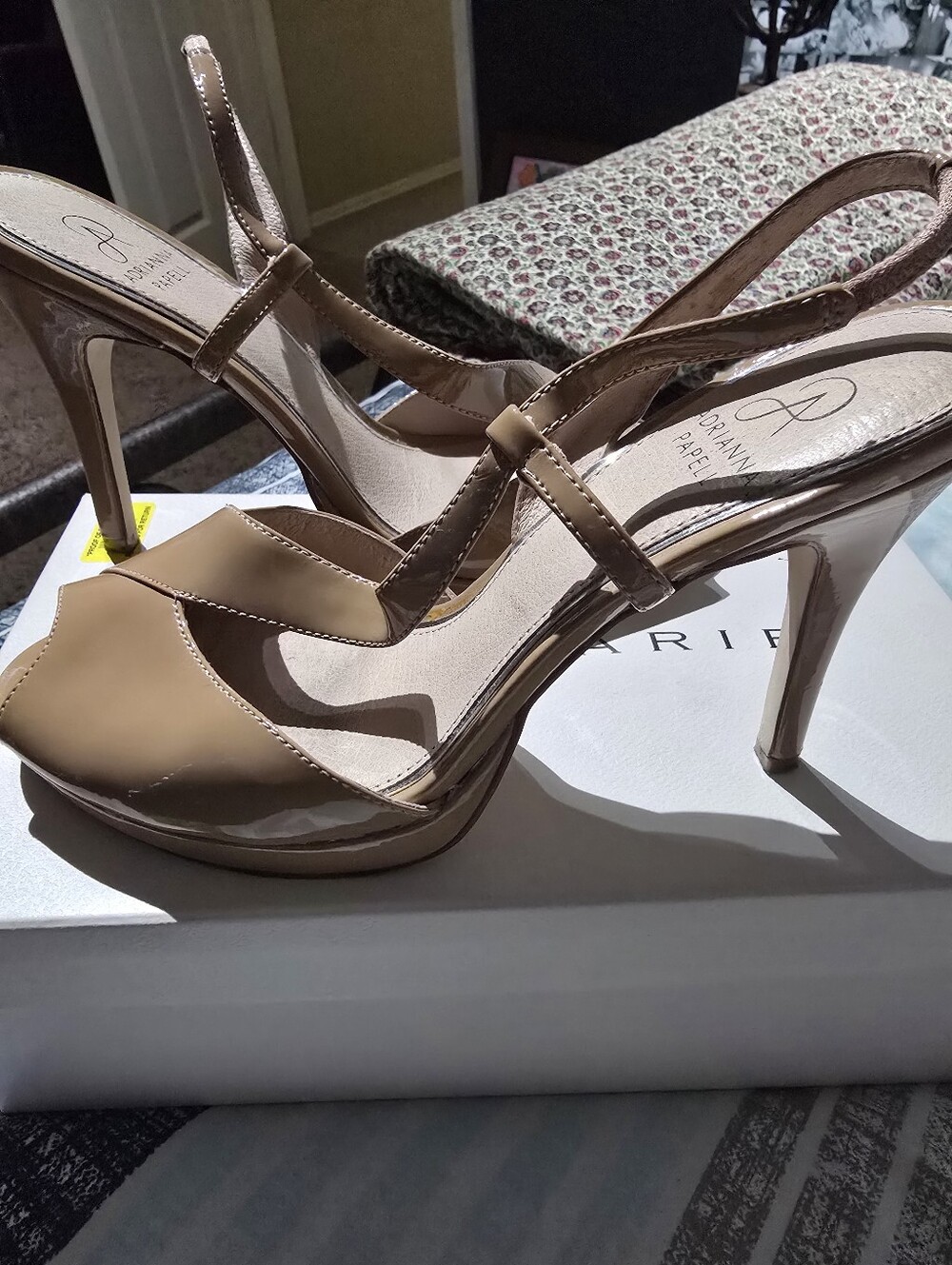 Adrianna Papell Taupe Patent Strappy High Heel Sandals